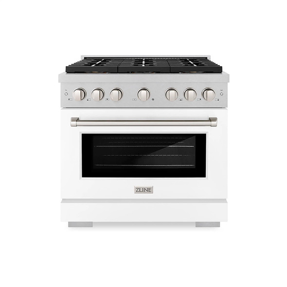 ZLINE 36-Inch 5.2 cu. ft. Paramount Dual Fuel Range with 6 Burner DuoPro™ Cooktop and Electric Convection Oven in Satin Stainless Steel with White Matte Door (PSDRS-WM-36)