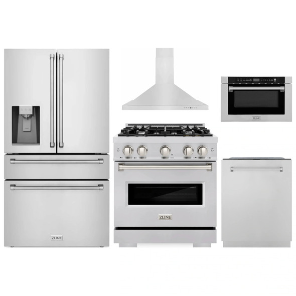 ZLINE 5-Piece Appliance Package - 30-Inch Gas Range, Hood, Refrigerator with Water Dispenser, Dishwasher, and Microwave Drawer in Stainless Steel