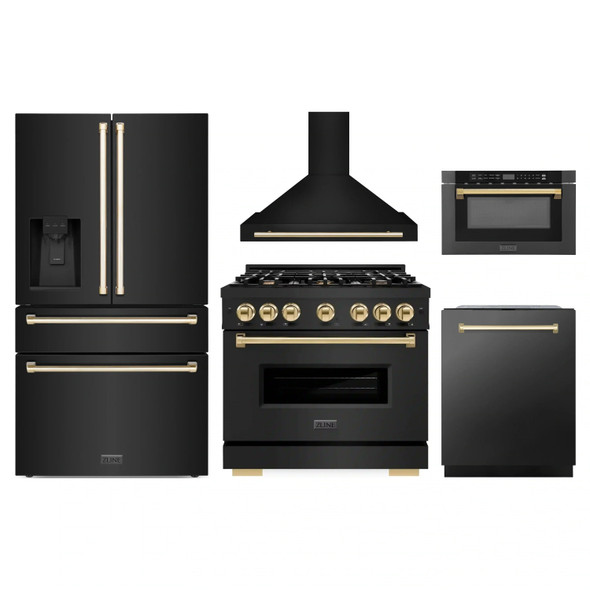 ZLINE 5-Piece Appliance Package - 36-Inch Gas Range, Hood, Refrigerator with Water Dispenser, Dishwasher, and Microwave Drawer in Black Stainless Steel with Gold Accents