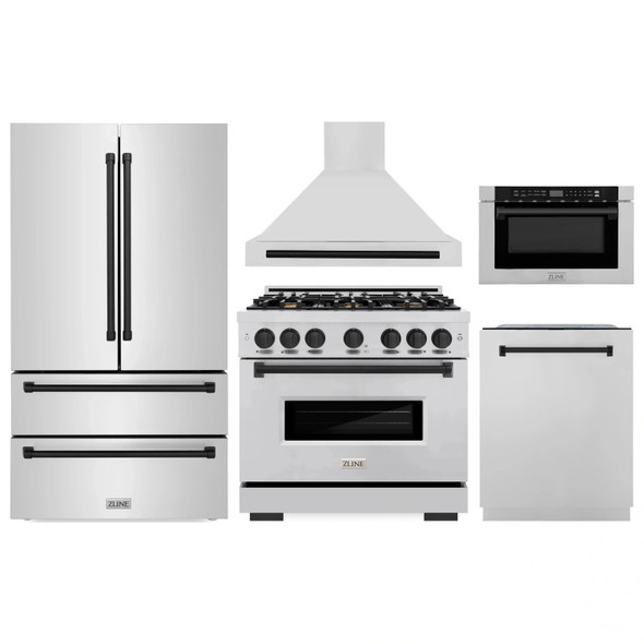 ZLINE 5-Piece Appliance Package - 36-Inch Dual Fuel Range, Hood, Refrigerator, Dishwasher, and Microwave Drawer in Stainless Steel with Matte Black Accents