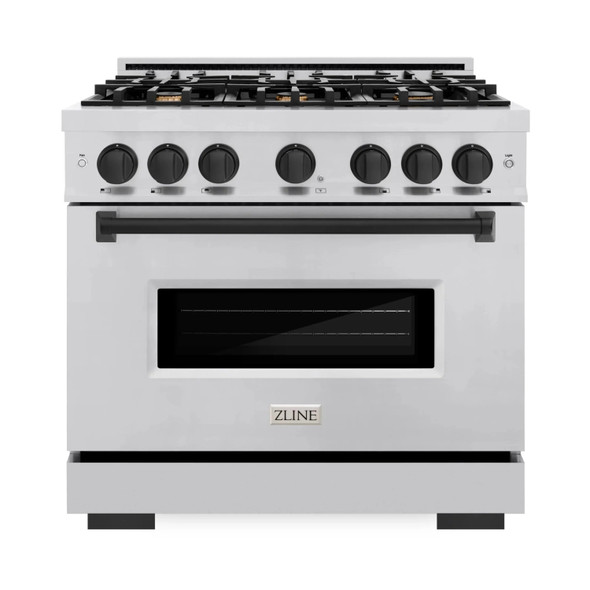 ZLINE 5-Piece Appliance Package - 36-Inch Dual Fuel Range, Hood, Refrigerator, Dishwasher, and Microwave Drawer in Stainless Steel with Matte Black Accents