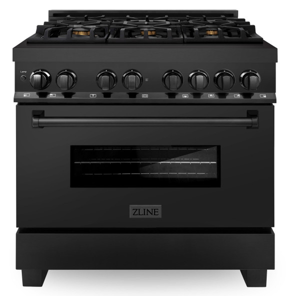 ZLINE 5-Piece Appliance Package - 36-Inch Dual Fuel Range, Refrigerator with Water Dispenser, Convertible Wall Mount Hood, Microwave Oven, and 3-Rack Dishwasher in Black Stainless Steel