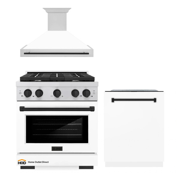 ZLINE Autograph Edition 3-Piece Appliance Package - 30" Gas Range, Wall Mounted Range Hood, &amp; 24" Tall Tub Dishwasher in Stainless Steel and White Door with Matte Black Trim (3AKP-SGRWMRHDWM30-MB)