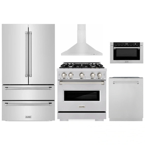 ZLINE 5-Piece Appliance Package - 30-Inch Gas Range, Hood, Refrigerator, Dishwasher, and Microwave Drawer in Stainless Steel