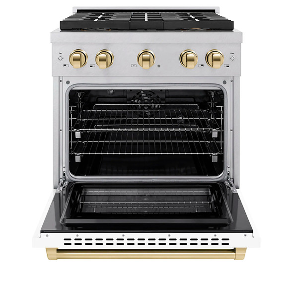 ZLINE Autograph Edition 30-Inch 4.2 cu. ft. Paramount Dual Fuel Range with 4 Burner DuoPro™ Cooktop and Electric Convection Oven in Satin Stainless Steel with White Matte Door and Polished Gold Accents (PSDRSZ-WM-30-G)