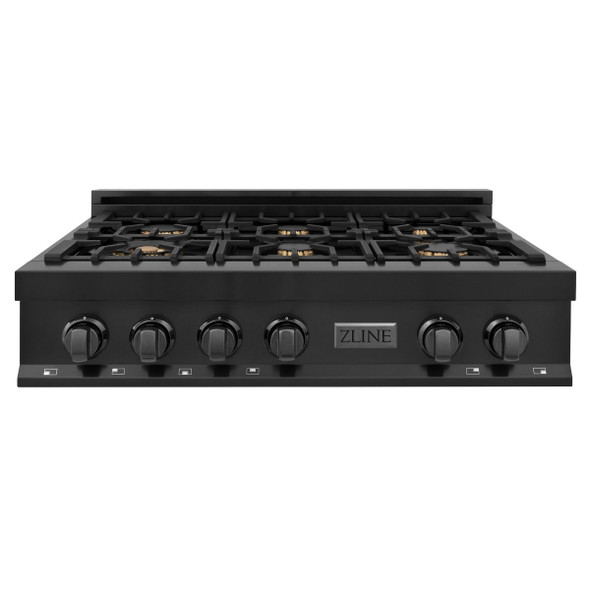 ZLINE 5-Piece Appliance Package - 36-Inch Rangetop with Brass Burners, Refrigerator, 30-Inch Electric Double Wall Oven, 3-Rack Dishwasher, and Convertible Wall Mount Hood in Black Stainless Steel (5KPR-RTBRH36-AWDDWV)