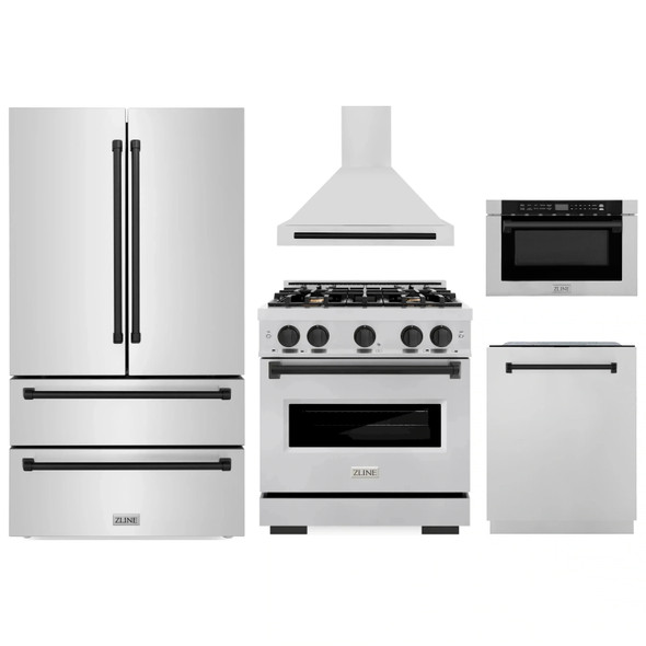 ZLINE 5-Piece Appliance Package - 30-Inch Gas Range, Hood, Refrigerator, Dishwasher, and Microwave Drawer in Stainless Steel with Matte Black Accents