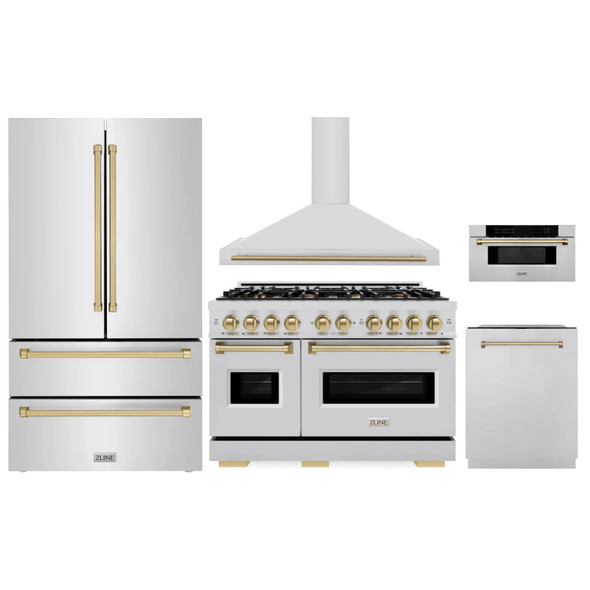 ZLINE 5-Piece Appliance Package - 48-Inch Gas Range, Hood, Refrigerator, Dishwasher, and Microwave Drawer in Stainless Steel with Champagne Bronze Accents
