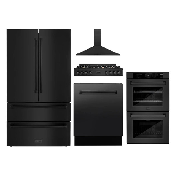 ZLINE 5-Piece Appliance Package - 48-Inch Rangetop with Brass Burners, Refrigerator, 30-Inch Electric Double Wall Oven, 3-Rack Dishwasher, and Convertible Wall Mount Hood in Black Stainless Steel (5KPR-RTBRH48-AWDDWV)