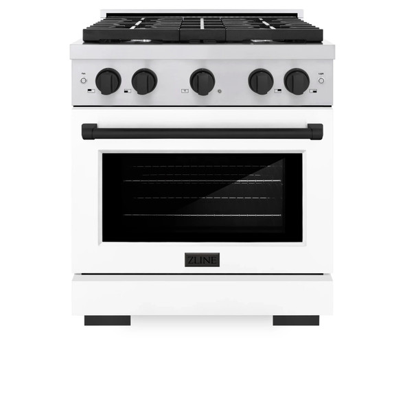 ZLINE Autograph Edition 2-Piece Appliance Package - 30-Inch Gas Range and Wall Mounted Range Hood in Stainless Steel and White Door with Matte Black Trim (2AKP-SGRWMRH30-MB)