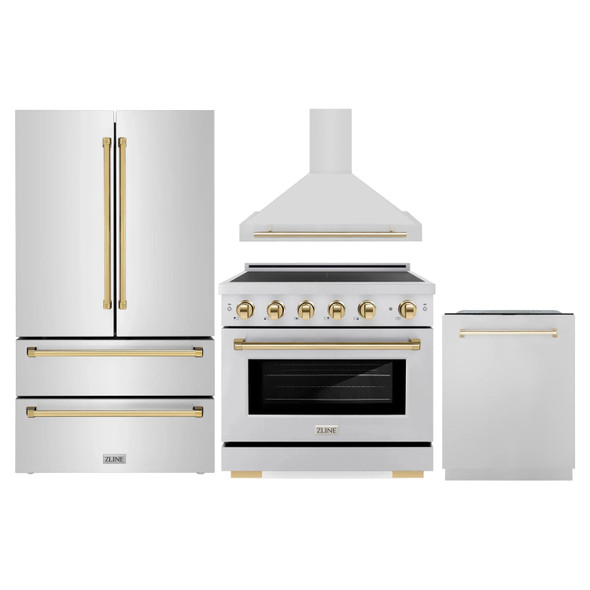 ZLINE 4-Piece Appliance Package - 36-Inch Autograph Edition Induction Range, Wall Mount Range Hood, 36-Inch French Door Refrigerator, and Dishwasher in Stainless Steel with Gold Trim