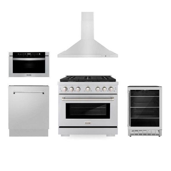 ZLINE Appliance Package - 36-Inch Gas Range, Range Hood, Microwave Drawer, Tall Tub Dishwasher and Beverage Fridge in Stainless Steel (5KP-SGRRH36-MWDWV-RBV)