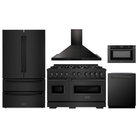 ZLINE 5-Piece Appliance Package - 48-Inch Dual Fuel Range, Hood, Refrigerator, Dishwasher, and Microwave Drawer in Black Stainless Steel