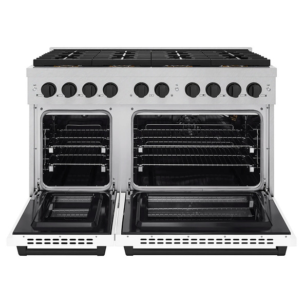 ZLINE Autograph Edition 48-Inch 6.7 cu. ft. Paramount Gas Range with 8 Burner DuoPro™ Cooktop and Dual Ovens in Satin Stainless Steel with White Matte Doors and Matte Black Accents (PSGRSZ-WM-48-MB)