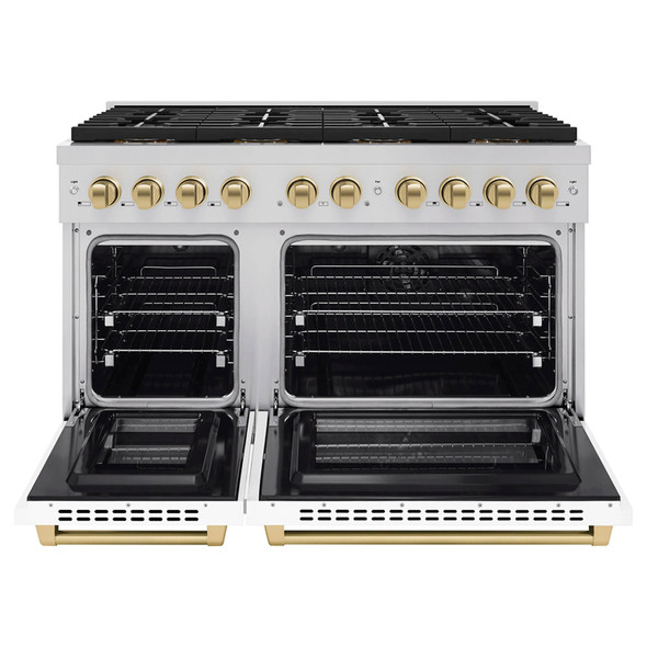 ZLINE Autograph Edition 48-Inch 6.7 cu. ft. Paramount Dual Fuel Range with 8 Burner DuoPro™ Cooktop and Dual Ovens with White Matte Doors and Champagne Bronze Accents (PSDRZ-WM-48-CB)