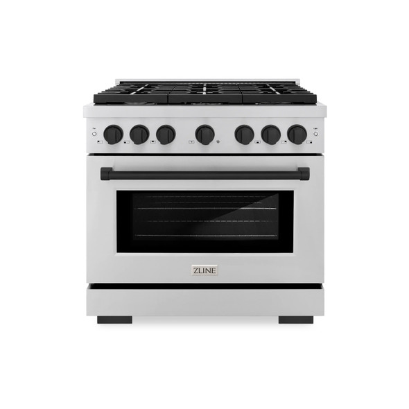 ZLINE Autograph Edition 3-Piece Appliance Package - 36-Inch Gas Range, Wall Mounted Range Hood, & 24-Inch Tall Tub Dishwasher in Stainless Steel with Matte Black Trim (3AKP-SGRRHDWM36-MB)