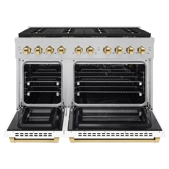 ZLINE Autograph Edition 48-Inch 6.7 cu. ft. Paramount Gas Range with 8 Burner DuoPro™ Cooktop and Dual Ovens in Satin Stainless Steel with White Matte Doors and Polished Gold Accents (PSGRSZ-WM-48-G)