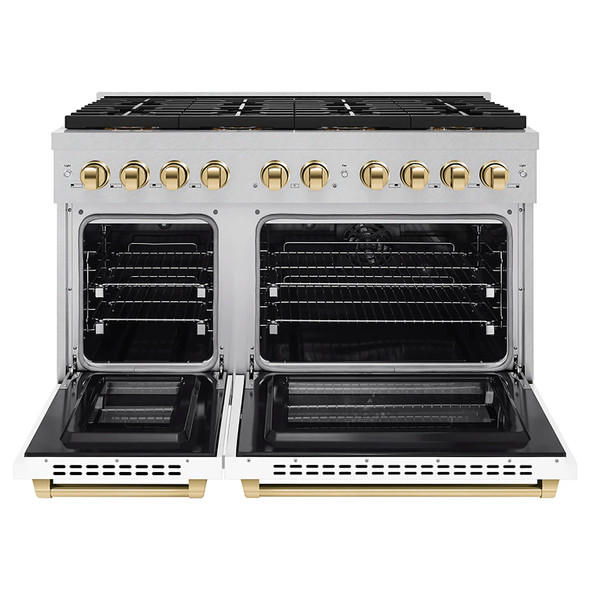 ZLINE Autograph Edition 48-Inch 6.7 cu. ft. Paramount Dual Fuel Range with 8 Burner DuoPro™ Cooktop and Dual Ovens in Satin Stainless Steel with White Matte Doors and Polished Gold Accents (PSDRSZ-WM-48-G)