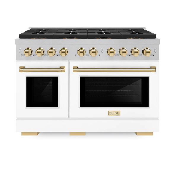 ZLINE Autograph Edition 48-Inch 6.7 cu. ft. Paramount Dual Fuel Range with 8 Burner DuoPro™ Cooktop and Dual Ovens in Satin Stainless Steel with White Matte Doors and Polished Gold Accents (PSDRSZ-WM-48-G)