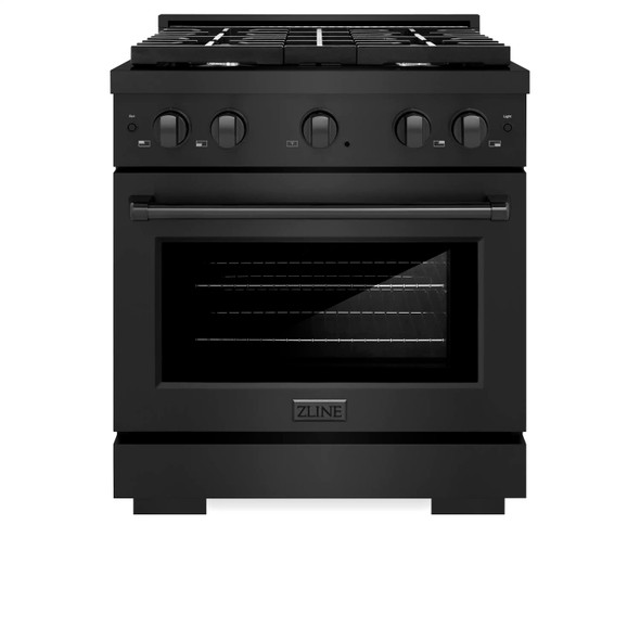 ZLINE 5-Piece Appliance Package - 30-Inch Gas Range, Refrigerator with Water Dispenser, Convertible Wall Mount Hood, Microwave Drawer, and 3-Rack Dishwasher in Black Stainless Steel (5KPRW-SGRBRH30-MWDWV)