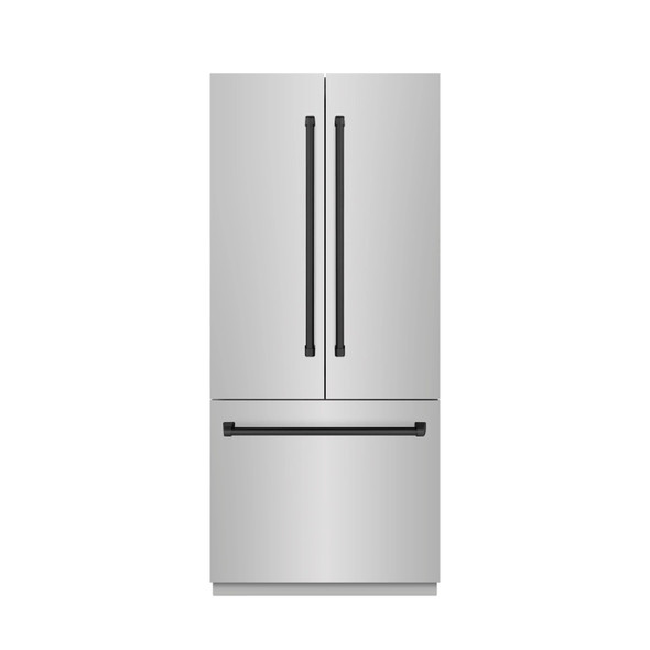 ZLINE Autograph Edition 36-Inch 19.6 cu. ft. French Door Built-In Bottom Freezer Refrigerator with Water Dispenser and Ice Maker in Stainless Steel with Stainless Steel Interior and Matte Black Accents (SRBIVZ-304-36MB)