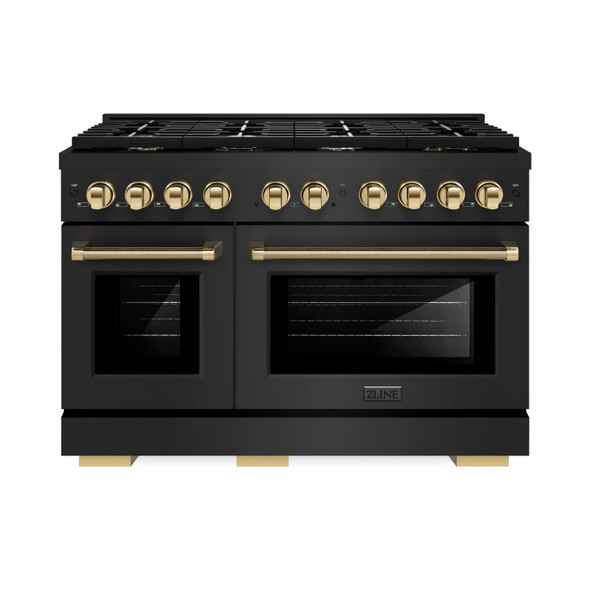 ZLINE Autograph 48-Inch Paramount Gas Range in Black Stainless Steel with Gold Helix Handles (SGRBZ-48-KG)