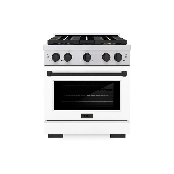 ZLINE Autograph Edition 30-Inch 4.2 cu. ft. Paramount Gas Range with 4 Burner DuoPro™ Cooktop and Convection Gas Oven in Stainless Steel with White Matte Door and Matte Black Accents (PSGRZ-WM-30-MB)