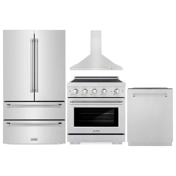 ZLINE 4-Piece Appliance Package - 30-Inch Paramount Induction Range, Wall Mount Range Hood, 36-Inch French Door Refrigerator, and Dishwasher in Stainless Steel