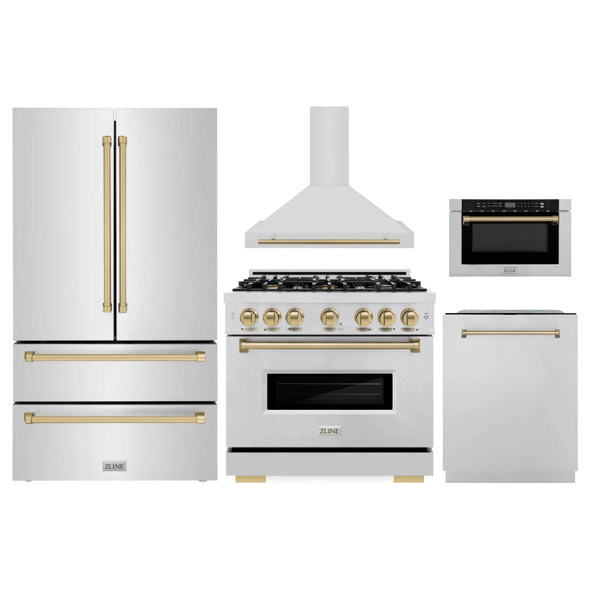ZLINE 5-Piece Appliance Package - 36-Inch Dual Fuel Range, Hood, Refrigerator, Dishwasher, and Microwave Drawer in Stainless Steel with Champagne Bronze Accents
