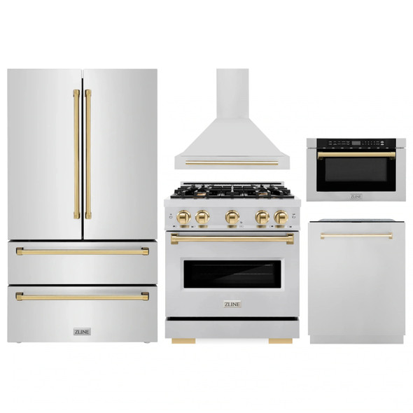 ZLINE 5-Piece Appliance Package - 30-Inch Dual Fuel Range, Hood, Refrigerator, Dishwasher, and Microwave Drawer in Stainless Steel with Gold Accents