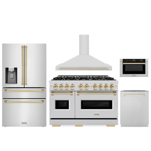 ZLINE 5-Piece Appliance Package - 48-Inch Dual Fuel Range, Hood, Refrigerator with Water Dispenser, Dishwasher, and Microwave Drawer in Stainless Steel with Gold Accents