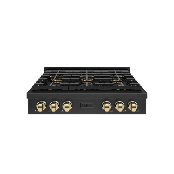 ZLINE Autograph Edition 36-Inch Paramount Gas Rangetop with 6 Burner DuoPro™ Cooktop in Black Stainless Steel and Polished Gold Accents (PSRTBZ-36-G)
