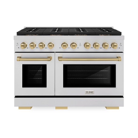 ZLINE Autograph Edition 48-Inch 6.7 cu. ft. Paramount Gas Range with 8 Burner DuoPro™ Cooktop and Dual Ovens in Stainless Steel and Champagne Bronze Accents (PSGRZ-48-CB)