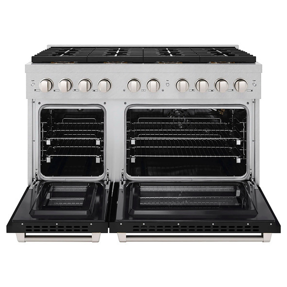 ZLINE 48-Inch 6.7 cu. ft. Paramount Gas Range with 8 Burner DuoPro™ Cooktop and Dual Ovens in Satin Stainless Steel with Black Matte Doors (PSGRS-BLM-48)