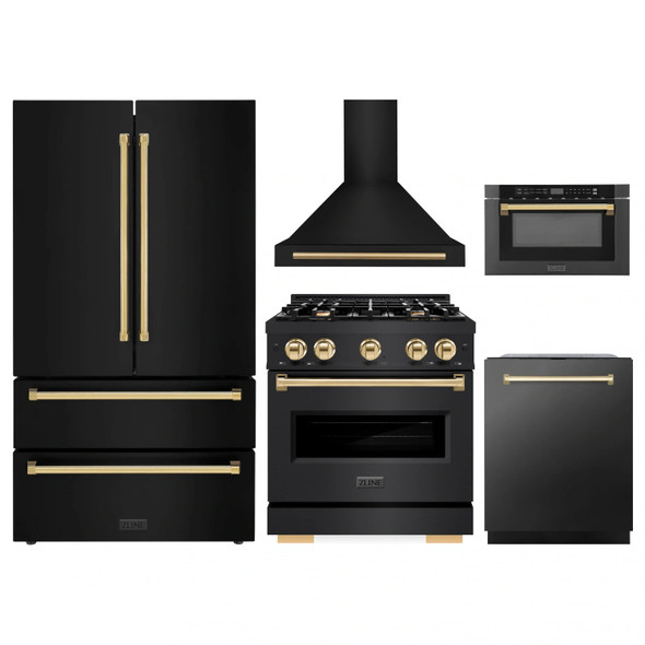 ZLINE 5-Piece Appliance Package - 30-Inch Dual Fuel Range, Hood, Refrigerator, Dishwasher, and Microwave Drawer in Black Stainless Steel with Gold Accents