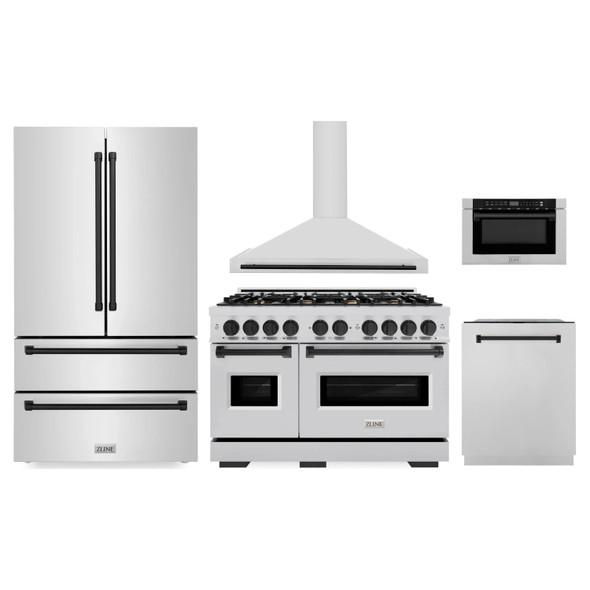 ZLINE 5-Piece Appliance Package - 48-Inch Gas Range, Hood, Refrigerator, Dishwasher, and Microwave Drawer in Stainless Steel with Matte Black Accents