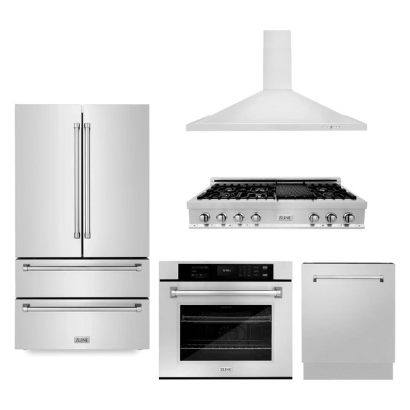 ZLINE 5-Piece Appliance Package - 48-Inch Rangetop, Refrigerator, 30-Inch Electric Wall Oven, 3-Rack Dishwasher, and Convertible Wall Mount Hood in Stainless Steel (5KPR-RTRH48-AWSDWV)