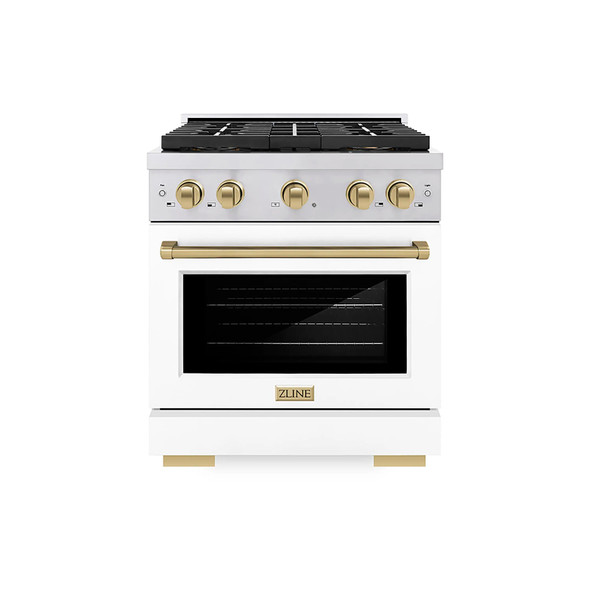 ZLINE Autograph Edition 30-Inch 4.2 cu. ft. Paramount Gas Range with 4 Burner DuoPro™ Cooktop and Convection Gas Oven in Stainless Steel with White Matte Door and Champagne Bronze Accents (PSGRZ-WM-30-CB)