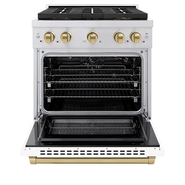 ZLINE Autograph Edition 30-Inch 4.2 cu. ft. Paramount Gas Range with 4 Burner DuoPro™ Cooktop and Convection Gas Oven in Stainless Steel with White Matte Door and Champagne Bronze Accents (PSGRZ-WM-30-CB)