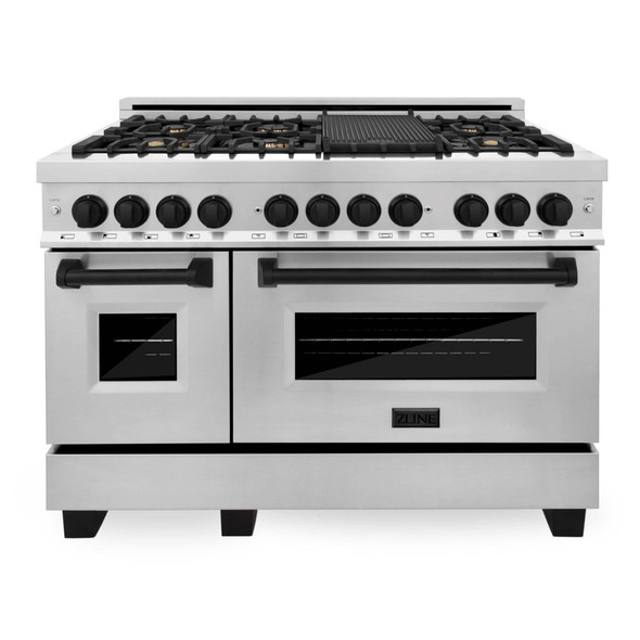 ZLINE Autograph Edition 4-Piece Appliance Package - 48-Inch Dual Fuel Range, Refrigerator, Wall Mounted Range Hood, & 24-Inch Tall Tub Dishwasher in Stainless Steel with Matte Black Trim (4KAPR-RARHDWM48-MB)