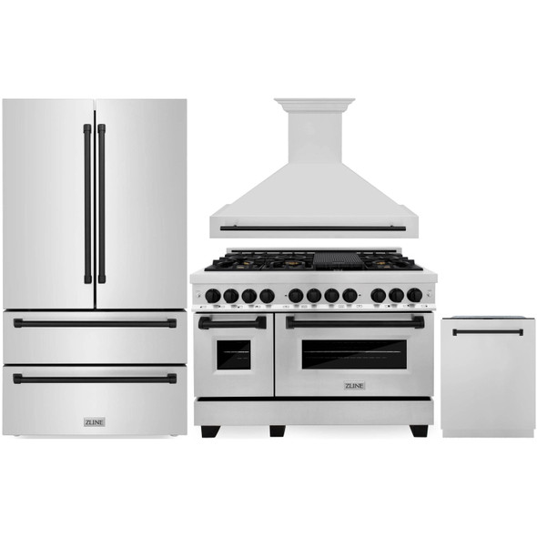 ZLINE Autograph Edition 4-Piece Appliance Package - 48-Inch Dual Fuel Range, Refrigerator, Wall Mounted Range Hood, & 24-Inch Tall Tub Dishwasher in Stainless Steel with Matte Black Trim (4KAPR-RARHDWM48-MB)