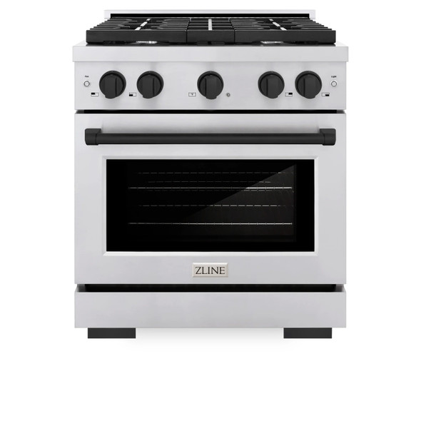 ZLINE Autograph Edition 4-Piece Appliance Package - 30-Inch Gas Range, Refrigerator with Water Dispenser, Wall Mounted Range Hood, & 24-Inch Tall Tub Dishwasher in Stainless Steel with Matte Black Trim (4AKPR-SGRRHDWM30-MB)