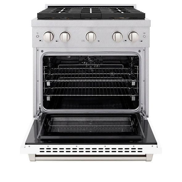 ZLINE 30-Inch 4.2 cu. ft. Paramount Dual Fuel Range with 4 Burner DuoPro™ Cooktop and Electric Convection Oven in Satin Stainless Steel with White Matte Door (PSDRS-WM-30)