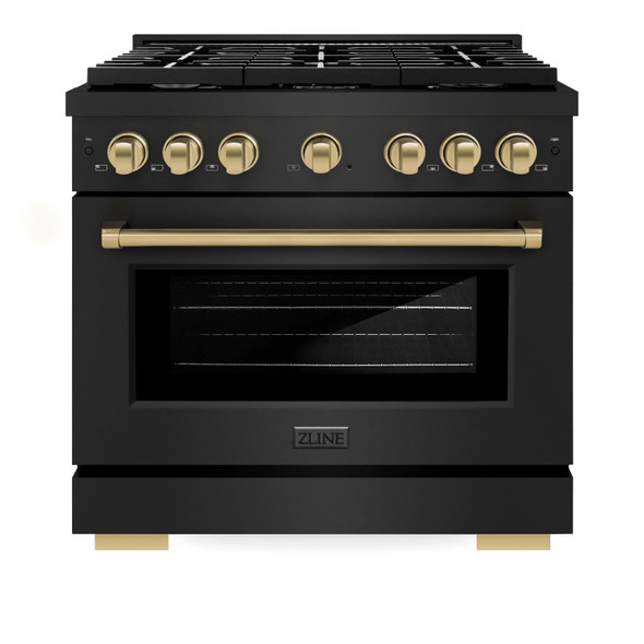 ZLINE Autograph Edition 4-Piece Appliance Package - 36-Inch Gas Range, Refrigerator, Wall Mounted Range Hood, & 24-Inch Tall Tub Dishwasher in Black Stainless Steel with Champagne Bronze Trim (4AKPR-SGRBRHDWV36-CB)