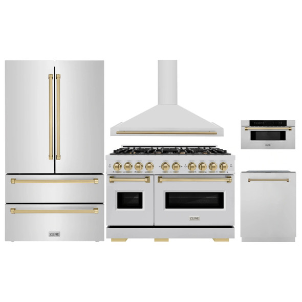 ZLINE 5-Piece Appliance Package - 48-Inch Dual Fuel Range, Hood, Refrigerator, Dishwasher, and Microwave Drawer in Stainless Steel with Champagne Bronze Accents