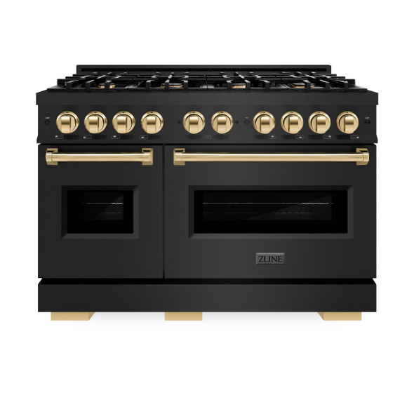 ZLINE 5-Piece Appliance Package - 48-Inch Gas Range, Hood, Refrigerator, Dishwasher, and Microwave Drawer in Black Stainless Steel with Gold Accents