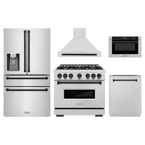 ZLINE 5-Piece Appliance Package - 36-Inch Dual Fuel Range, Hood, Refrigerator with Water Dispenser, Dishwasher, and Microwave Drawer in Stainless Steel with Matte Black Accents