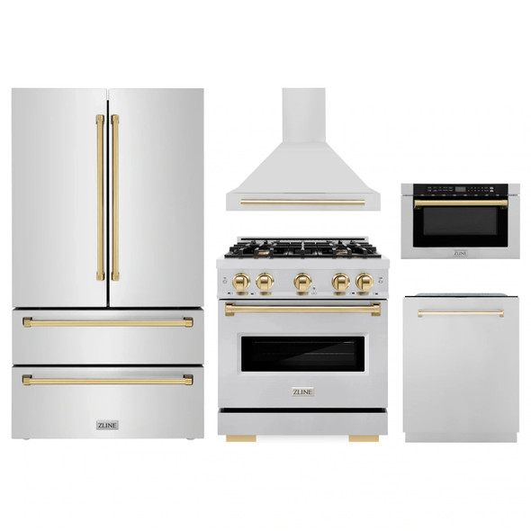ZLINE 5-Piece Appliance Package - 30-Inch Gas Range, Hood, Refrigerator, Dishwasher, and Microwave Drawer in Stainless Steel with Gold Accents