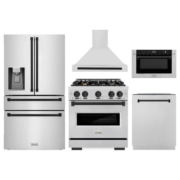 ZLINE 5-Piece Appliance Package - 30-Inch Dual Fuel Range, Hood, Refrigerator with Water Dispenser, Dishwasher, and Microwave Drawer in Stainless Steel with Matte Black Accents
