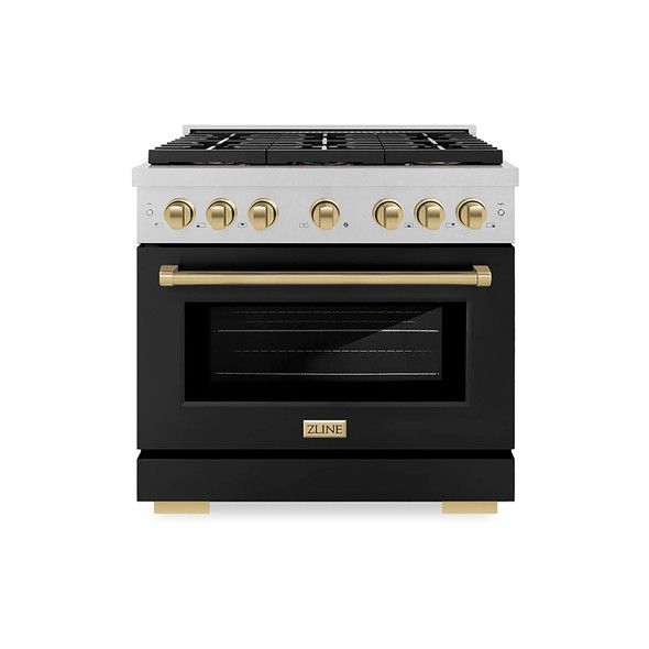 ZLINE Autograph Edition 36-Inch 5.2 cu. ft. Paramount Gas Range with 6 Burner DuoPro™ Cooktop and Convection Gas Oven in Satin Stainless Steel with Black Matte Door and Champagne Bronze Accents (PSGRSZ-BLM36-CB)